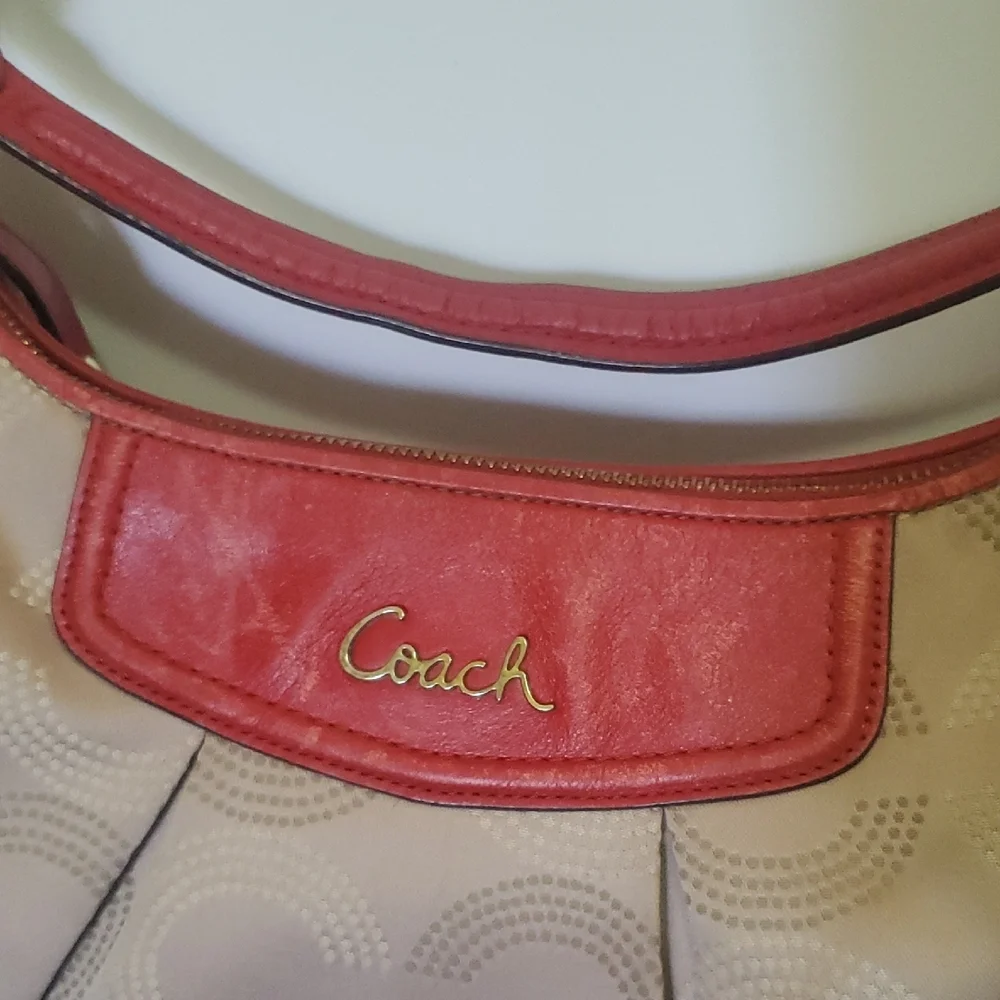 Coach Ashley Dotted Op Convertible Tan Red Bag Signature C Detail Sze 14.5 X 9.5